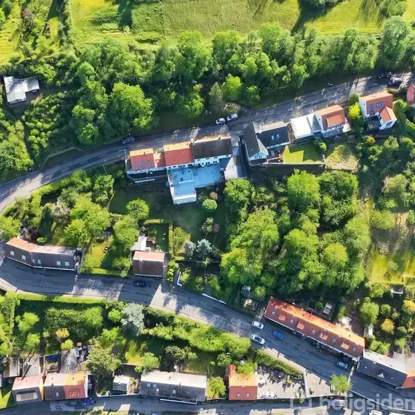 Luftfoto af et grønt boligområde. Huse omgiver et markeret, rektangulært område af græs. Tekst: "Vejledende skelafmærkning." Området er omgivet af træer og snoede veje.