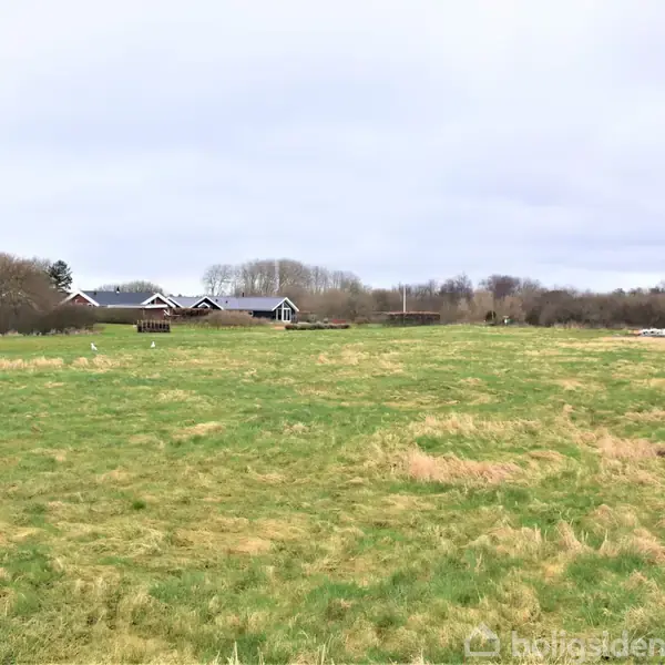 En grøn mark med sparsomt græs ligger stille. I baggrunden ses huse omkranset af træer under en overskyet himmel.
