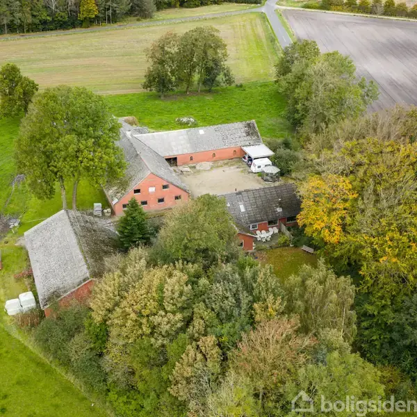 En gård med flere røde bygninger omgivet af tæt bevoksede træer. Bygningerne former en gårdsplads, og marker strækker sig i baggrunden. En vej ses øverst i billedet.