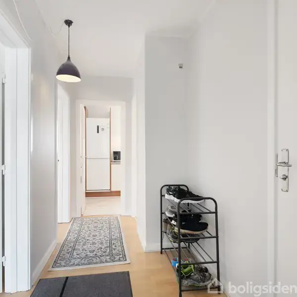 En lys gang med en enkelt pendellampe hængende fra loftet. En gulvløber fører ned til et åbent rum. Vægge er hvide, og der er en skohylde ved siden af indgangsdøren.