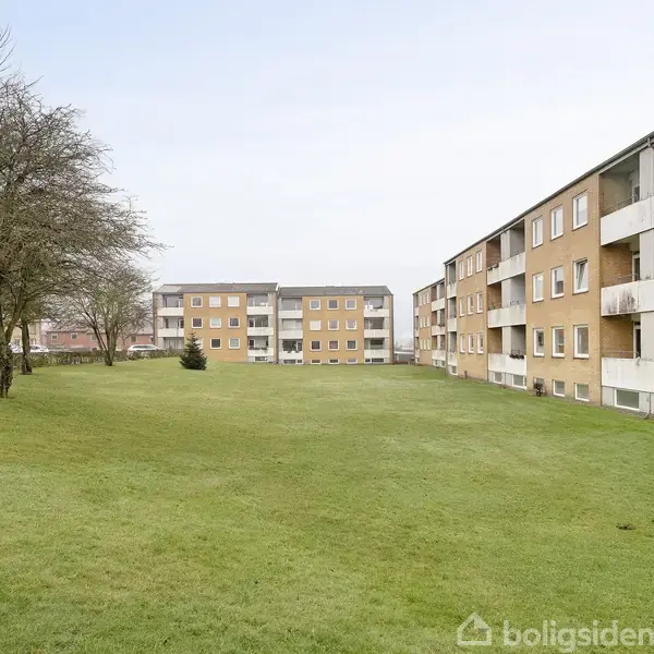 Flere etagebyggerier står ved siden af hinanden med en græsplæne imellem. Træer til venstre skaber en parkagtig stemning.