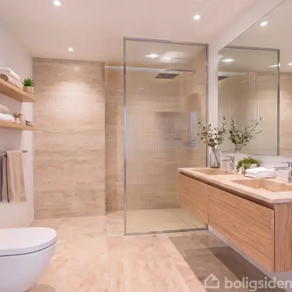 Badeværelse med væghængt toilet til venstre, moderne bruser bag en glasvæg, stor spejl over en trævask, og hylder med håndklæder. Lys og minimalistisk indretning.