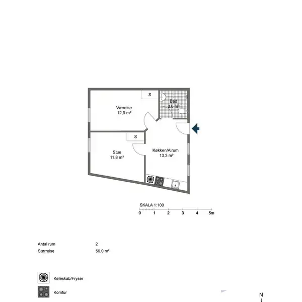 Plantegning viser en lejlighed med tre rum: værelse (12,9 m²), stue (11,8 m²), og køkken/alrum (13,3 m²). Der er også et badeværelse. Skala er 1:100. Tekst: "Antal rum: 2, Størrelse: 46,0 m²."