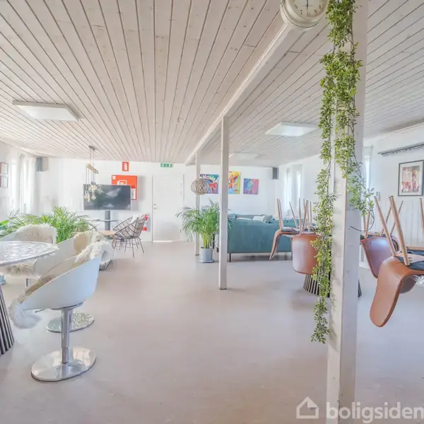 Rummeligt opholdsrum med borde med stole oppe på dem, grønne planter og træpaneler i et lyst lokale; store vinduer langs væggen slipper naturligt lys ind. En stor fladskærm hænger i baggrunden.