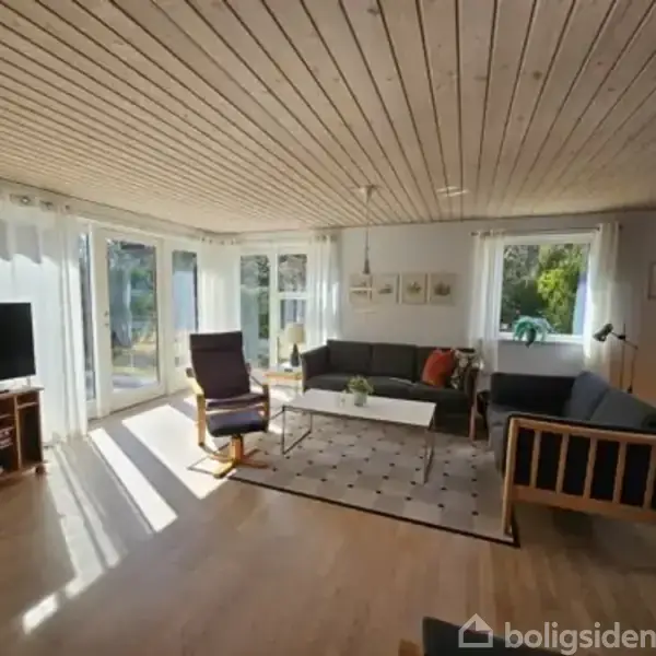 Stue med en mørkegrå L-formet sofa, træstol ved siden af et sofabord på et tæppe. Tv på et møbel til venstre. Store vinduer giver naturligt lys.