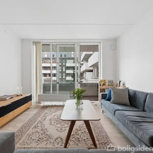 En stue med en grå sofa og et sofabord dekoreret med en vase med blomster. Rummet har et tæppe, et mediecenter og udsigt til en balkon.
