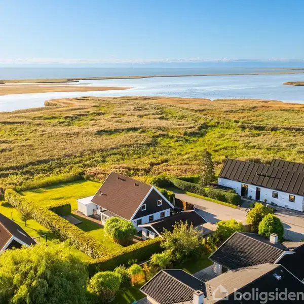 Huse med skråtage står stille i et grønt boligområde ved siden af en bred vandoverflade omgivet af en stor, græsbevokset eng, under en blå himmel.