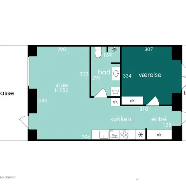 Plantegning viser en lejlighed med stue og H 2.56, køkken, bad, værelse, entré og to terrasser. Mål: 533, 796, 310, 206, 128, 297, 307, 334. Nordpil indikeret.