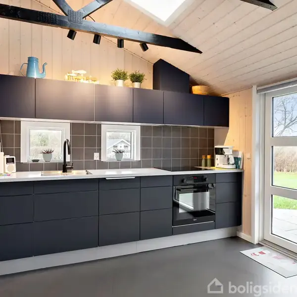 Et moderne køkken med sorte skabe og gråt flise backsplash. En hvid bordplade indeholder en vask og komfur. Glaspaneler i døren og vinduer giver udsigt til en græsplæne udenfor.