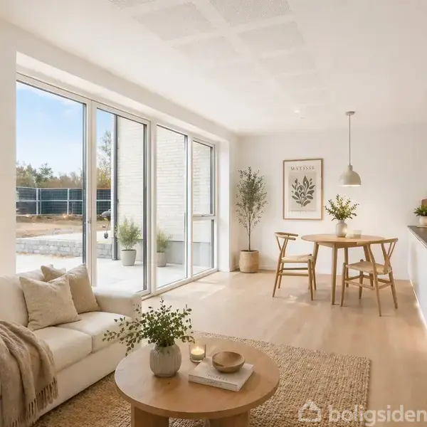 En lys stue med sofa og sofabord, hvorpå der står en plante og bøger. Store vinduer i baggrunden giver udsigt. Spisebord med stole står nær køkkenet. Vægkunst viser en plante.