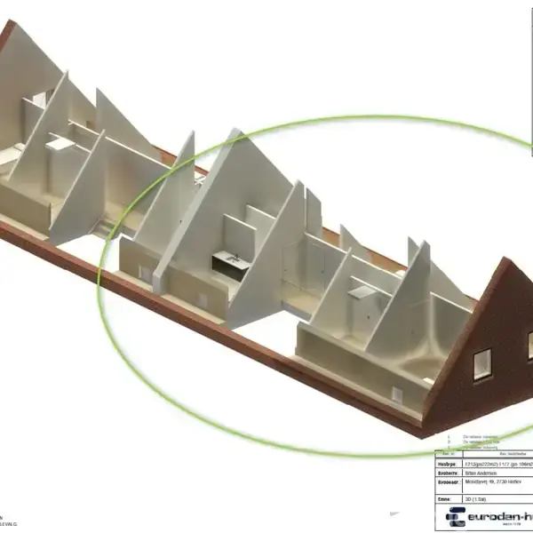 Et arkitektonisk tværsnit viser et parcelhus med flere rum, som omfatter værelser og gange, på en rektangulær grundplan. Tekst øverst indeholder tekniske specifikationer, herunder "SKITSEFORSLAG."