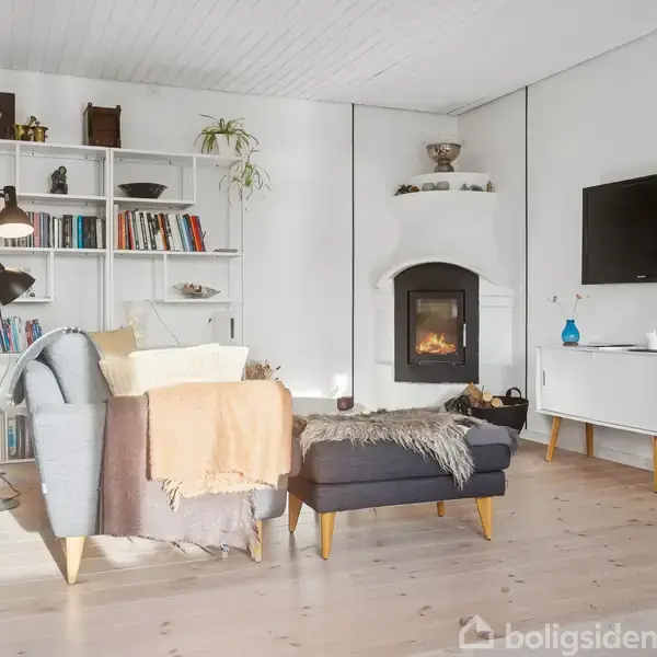 Stue med sofa og tæpper står ved siden af en moderne brændeovn. På væggen hænger et fladt TV over et skab. En reol fyldt med bøger og dekorationer står ved siden af.