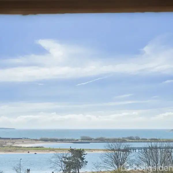 Havet strækker sig ud i horisonten under en skyfri, blå himmel. Forgrunden viser træer og en bro, der krydser over vandet.