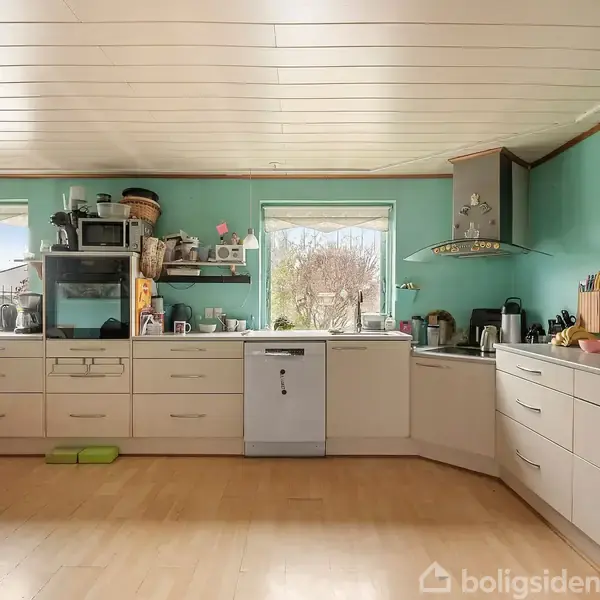 Et køkken med lyse skabe arrangeret langs væggen, indeholder en opvaskemaskine. Der er forskellige køkkenapparater og redskaber på bordpladen. To vinduer med udsigt til haven.