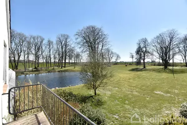 En balkon med gelænder strækker sig ud over en græsplæne, hvor et lille vandhul ligger omgivet af træer i en park. Himlen er klar og solrig.