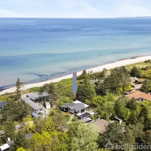 Hus ved skov fyldt kyst; pil peger på det. Handling: Huset ligger blandt træer tæt ved strand. Kontekst: Omgivet af flere huse og tæt på havet.