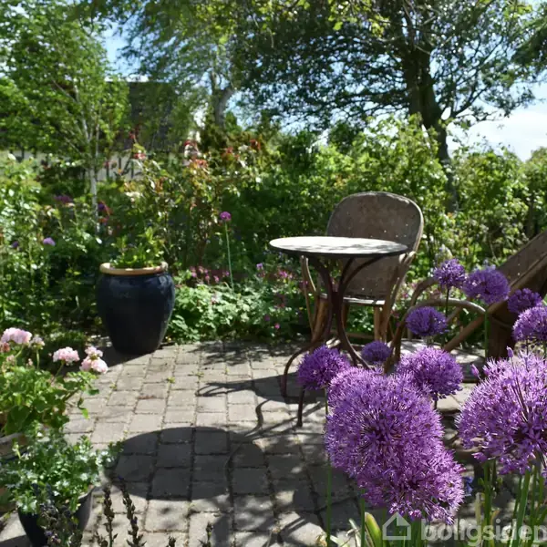 En terrasse med et rundt bord og to stole omgivet af frodige planter og lilla blomster i en solrig have, omkranset af grønne træer og buske.