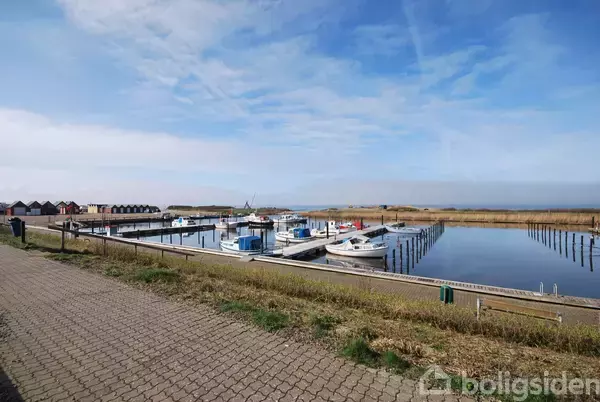 Både ligger ved en rolig marina med fortøjninger. I baggrunden ses små huse langs horisonten under en blå og let overskyet himmel. Der er græs og en flisebelagt sti foran.