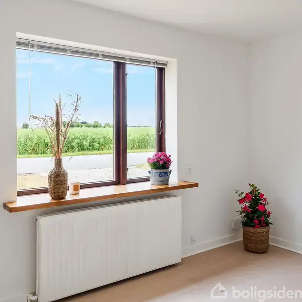 Et vindue indeholder to potteplanter - én med røde blomster og én med grønne blade - set fra et lyst rum med hvidmalet væg og udsigt til grønne marker udenfor.