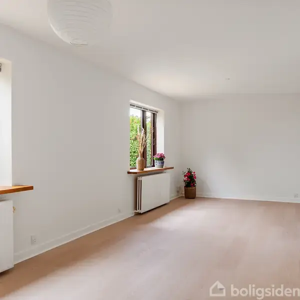 Et lyst værelse med to store vinduer, der lukker dagslys ind. Trægulve og hvide vægge skaber en minimalistisk atmosfære. Blomster på vindueskarmen bidrager med farve.