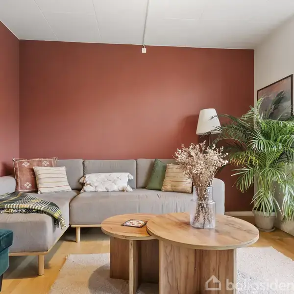 En grå sofa fyldt med pyntepuder står i en stue med en rød væg. Et lavt, rundt træbord med en vase fyldt med tørrede blomster står foran. Til højre ses en stor grøn plante.