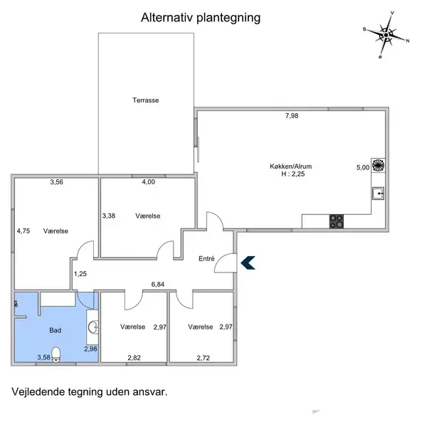 Plantegning viser fire værelser, køkken/alrum, bad, terrasse og en entré. Mål i meter: Værelse 3.56, 4.75, 3.38, 2.62; Køkken 7.98; Bad 3.58 x 2.36. "Alternativ plantegning," "Vejledende tegning uden ansvar."