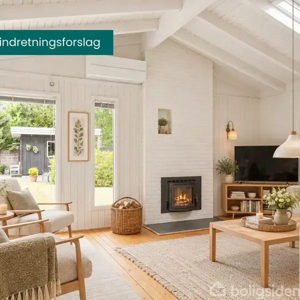Lys stue med brændeovn tændt, moderne møbler og grønne planter. Store vinduer og døre åbner mod en have. Tekst øverst: "AI-indhold indretningsforslag".