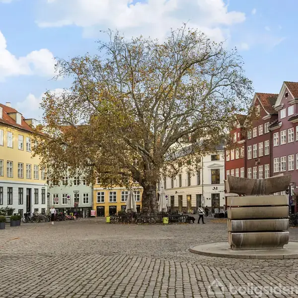 En stor træskulptur står stille på en brostensbelagt plads omgivet af farverige historiske bygninger og caféer. En grøn trækrone breder sig i midten af pladsen under en klar himmel.