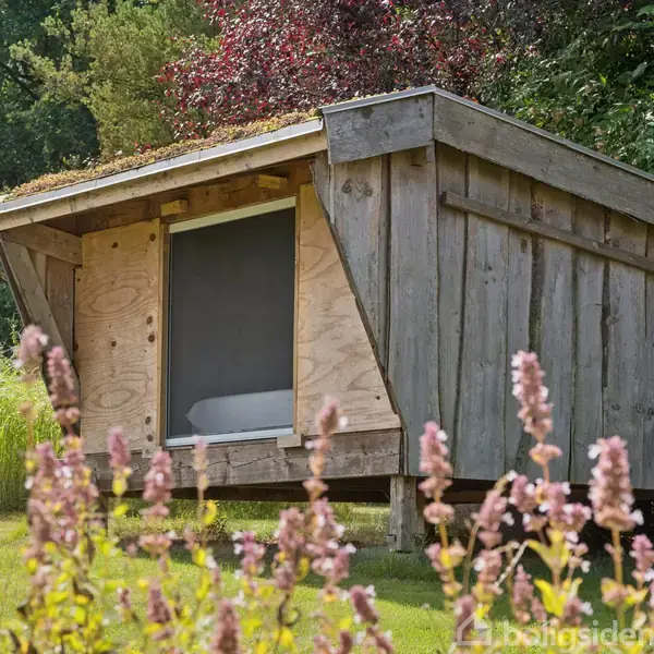 Et lille, træbeklædt shelter står på en græsplæne omkranset af høje, grønne planter og blomster. Det har et skråt tag og ligger i en naturlig, grøn haveomgivelse.