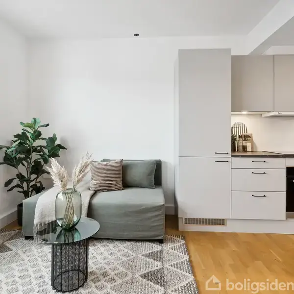 Sofa står stationært ved siden af et lille bord med blomster, i en stue med lyse vægge og trægulv. Til højre ses et moderne køkken med hvide skabe.