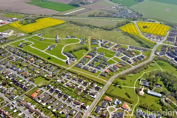 Luftfoto af en forstadsbebyggelse med huse og veje omgivet af grønne marker og gule rapsmarker, der strækker sig ud i horisonten.