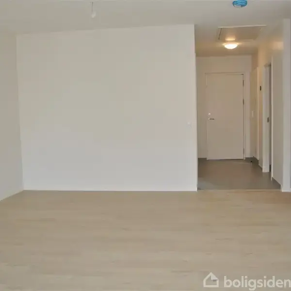 Et tomt rum med lyst trægulv, hvide vægge og en dør i baggrunden. Rummet har en lille gang med en lampe i loftet. Ingen tekst bortset fra "Boligsiden".