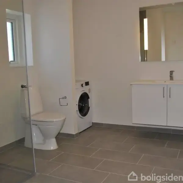 Toilet ved siden af vaskemaskine i et moderne badeværelse. Spejl over en hvid håndvask med skab, flisegulv. Rummet har naturligt lys fra et lille vindue.
