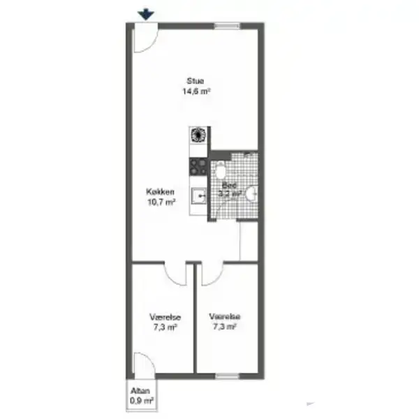Plantegning af en mindre lejlighed med en stue på 14,5 m², køkken på 10,7 m², to værelser hver 7,3 m², et badeværelse og en altan på 0,9 m².