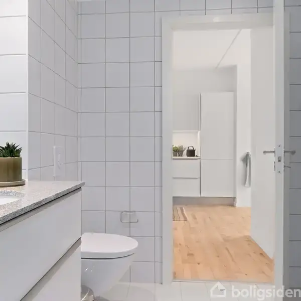 Badeværelse med hvide fliser, vask med spejl og lille plante. Toilet til venstre. Åben dør fører til gang med trægulv og skab i baggrunden.