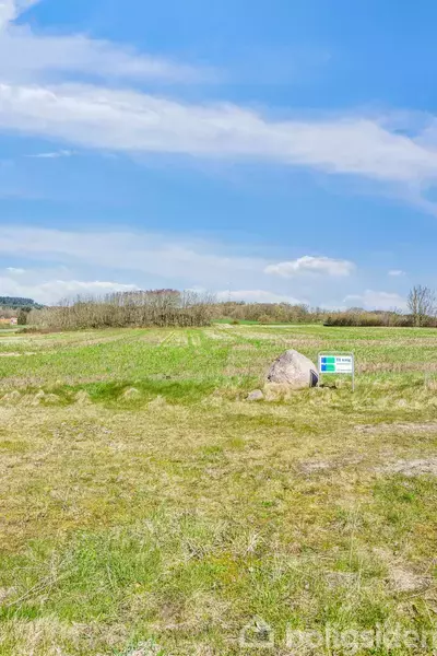 En græsmark med et skilt i forgrunden viser tekst: "Til salg" og "Nybolig." Baggrunden består af åbne marker og træer under en blå himmel med skyer.