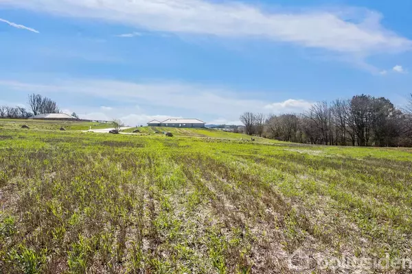 En grøn mark strækker sig foran et par lave bygninger i det fjerne, med træer til højre under en blå himmel med lette skyer.