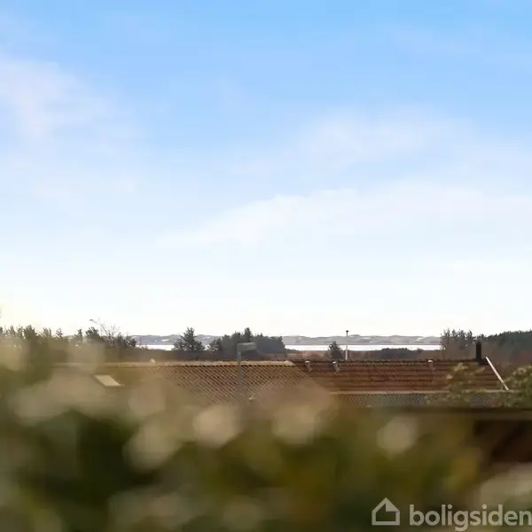 Vindmølle står stille i baggrunden med en blå himmel, omgivet af hustage og grønne buske i forgrunden.