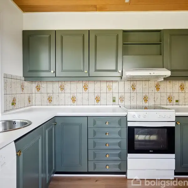 Gråt køkken med ovn og kogeplade, omkranset af skabe og skuffer, står i et lyst rum med flisevægge dekoreret med blomstermønstre. En stor vinduesåbning slipper naturligt lys ind.