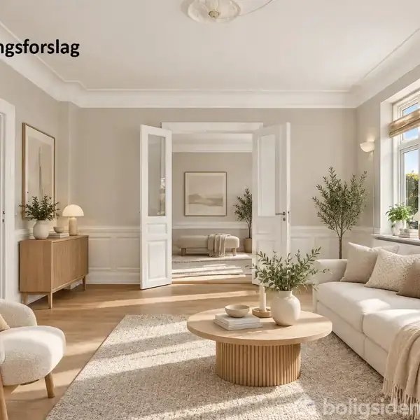 Stue med lys sofa, bord, planter og vægdekoration. Dobbeltglasdøre i baggrunden åbner mod et andet rum. Sollys strømmer ind gennem vinduet. Tekst: "Indretningsforslag".