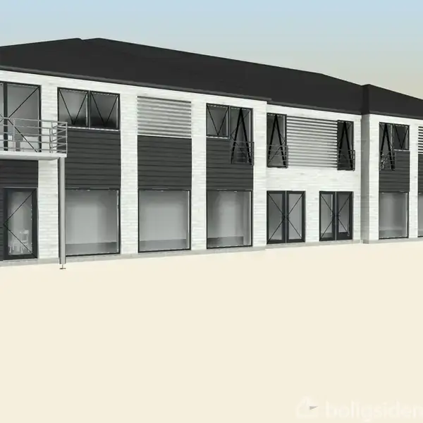 To-etagers moderne bygning med store vinduer og altaner, sort tag og facader i hvid og grå. Beliggende på en flad, minimalistisk grund med lys baggrund.