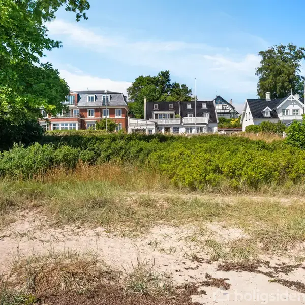 En række store, elegante huse står roligt langs en sandstrand, omgivet af frodige træer og buske. Græsset vokser vildt ved kysten, hvilket skaber et naturligt, idyllisk landskab.
