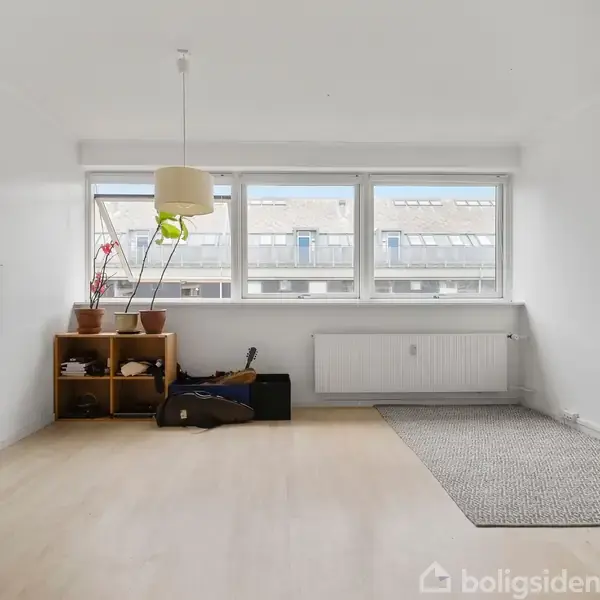 Et lyst rum med trægulv har en lille reol med potteplanter og genstande, placeret ved et vindue. En lampe hænger fra loftet, og en tæppe ligger på gulvet.