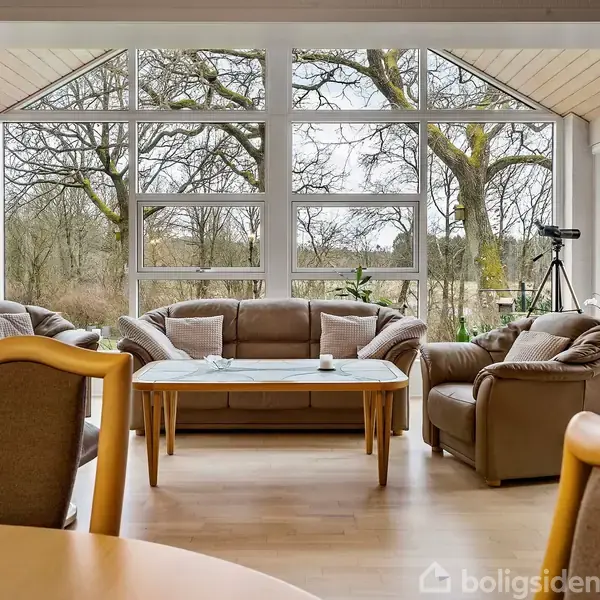 En stue med lædersofaer og sofabord, omgivet af store vinduer, der viser en udsigt over vintertræer. Et spisebord står i forgrunden, og en kikkert ses ved vinduet.