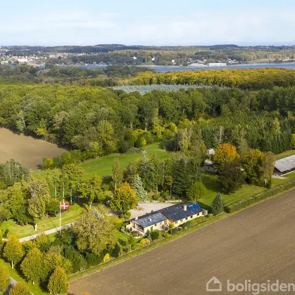 Hus med blå tag placerer sig i en skovklædt landskab ved siden af marker. En dansk flagstang står i haven. I baggrunden ses flere skove og en sø.