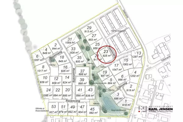 Grundenummer 23 med et areal på 923 m² er markeret på en oversigtsplan, omgivet af flere parceller med angivne kvadratmetre. Området omfatter veje som Rosenlunden og Talekærsvej.