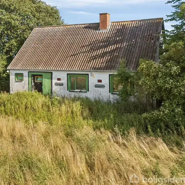 Et lille, hvidt hus med grønt dør- og vinduesrammer står midt i højt græs og tæt på store træer. Ingen tekst er synlig på huset.