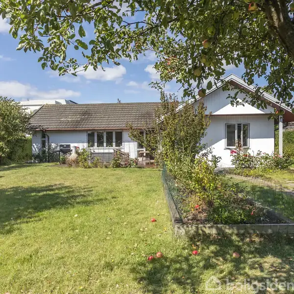 Hus med hvid facade og mørkt tag står i en grøn have med græs, træer og blomsterbede. Æbler ligger spredt i græsset. Skyet himmel i baggrunden.