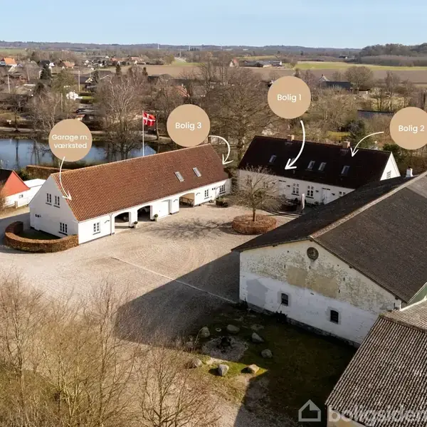 Bygning med hvid facade, der fungerer som boliger og værksted, omgivet af et gårdareal og træer. Tekst: “Garage og værksted,” “Bolig 3,” “Bolig 1,” “Bolig 2.”