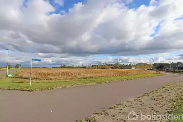 En åben mark med en vej i forgrunden. Et vejskilt med teksten "Løvstrædet" står til venstre. Området er fladt og omgivet af skyer på himlen.